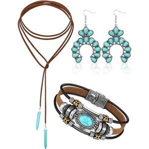 3 Pcs Western Jewelry for Women Bohemian Set, Boho Pendant Long Choker,